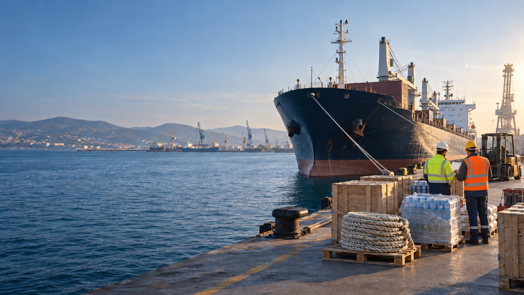 Illustrative ship supply scene with a cargo vessel, provisions and port workers viewed from behind