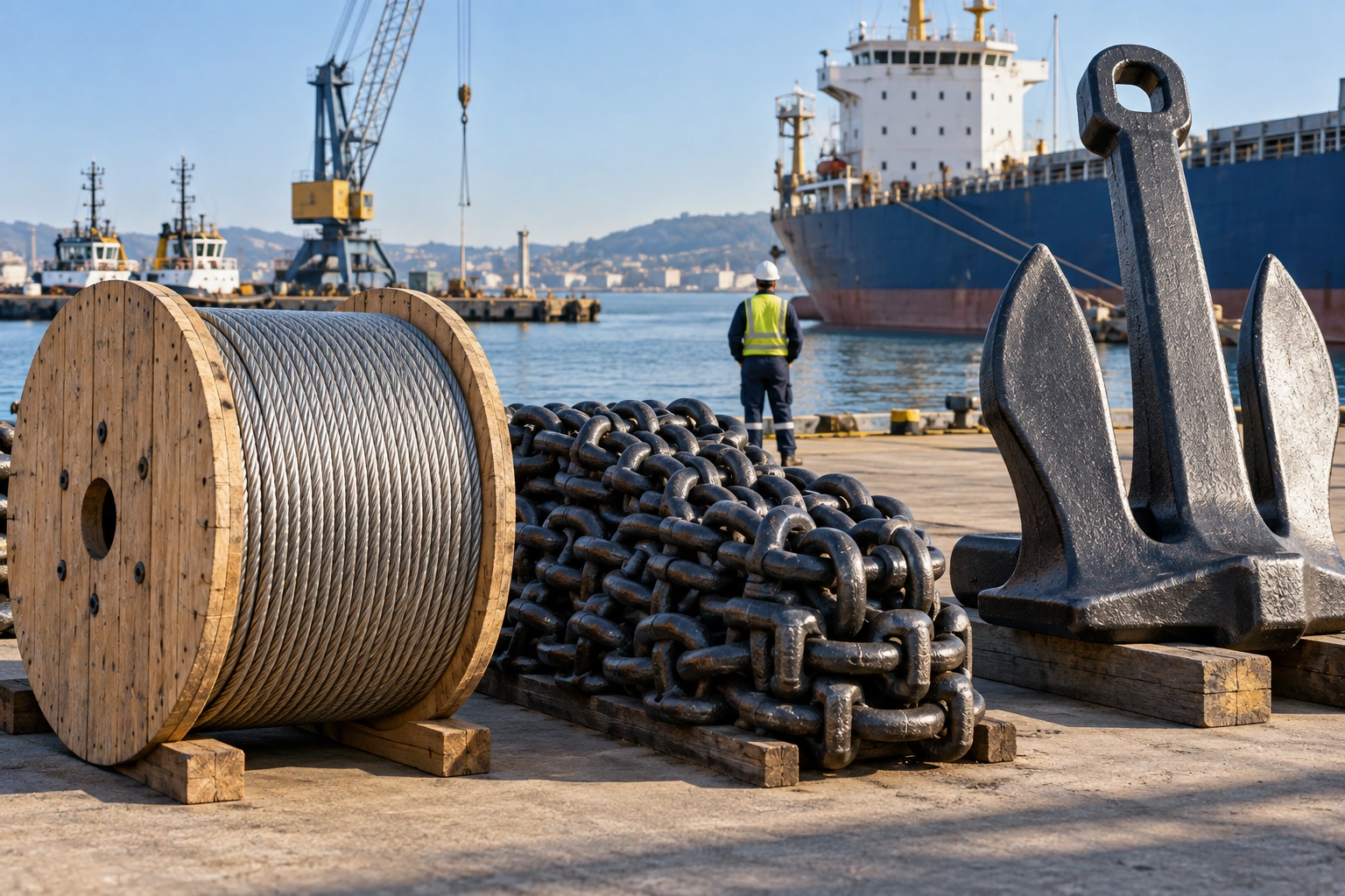 Illustrative marine supply scene with steel wire rope, anchor chain and a ship anchor